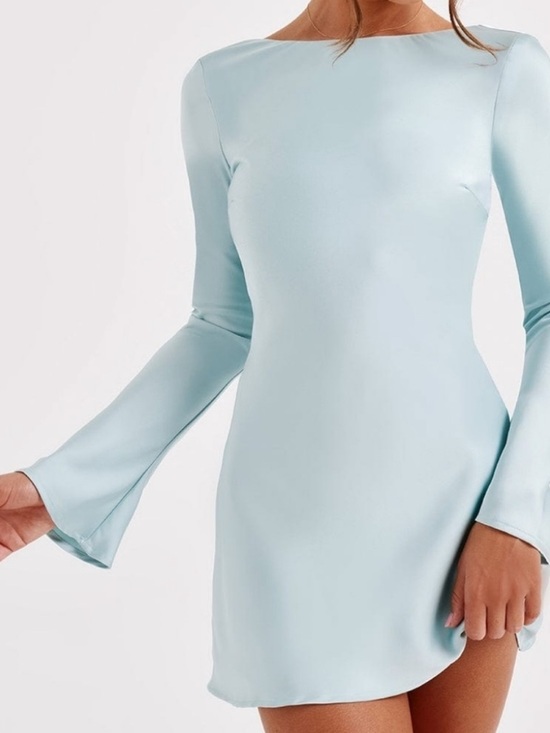 babyboo Dresses & Skirts - Babyboo Bambi Long Bell Sleeve Low Back Satin Turquoise Mini Feminine Dress Sz S